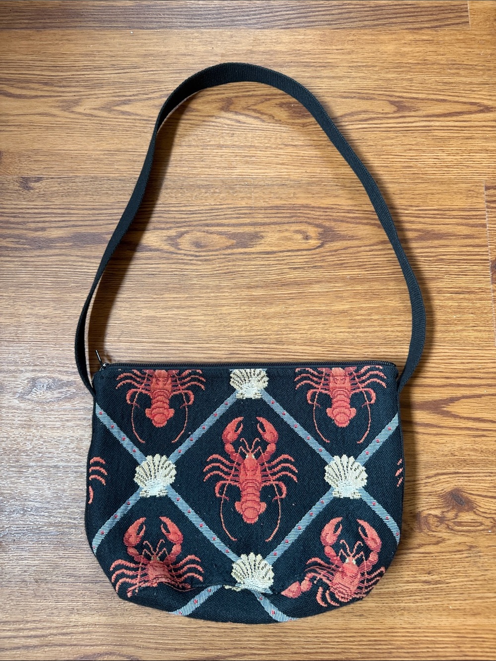 Black Tapestry Shoulder Bag with Red Lobster Motif